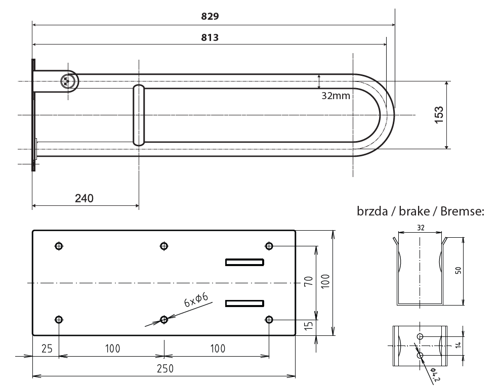Sklopné madlo ve tvaru U - 813mm - bílý komaxit