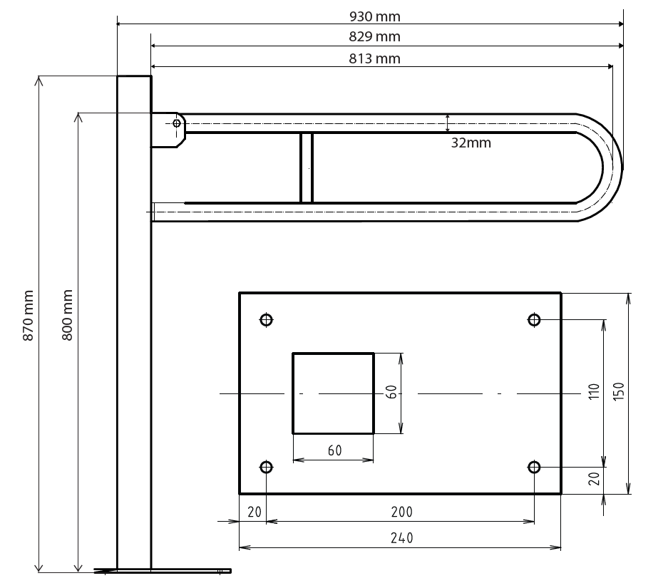 Sklopné madlo ve tvaru U ukotvené do země - 813mm - nerez