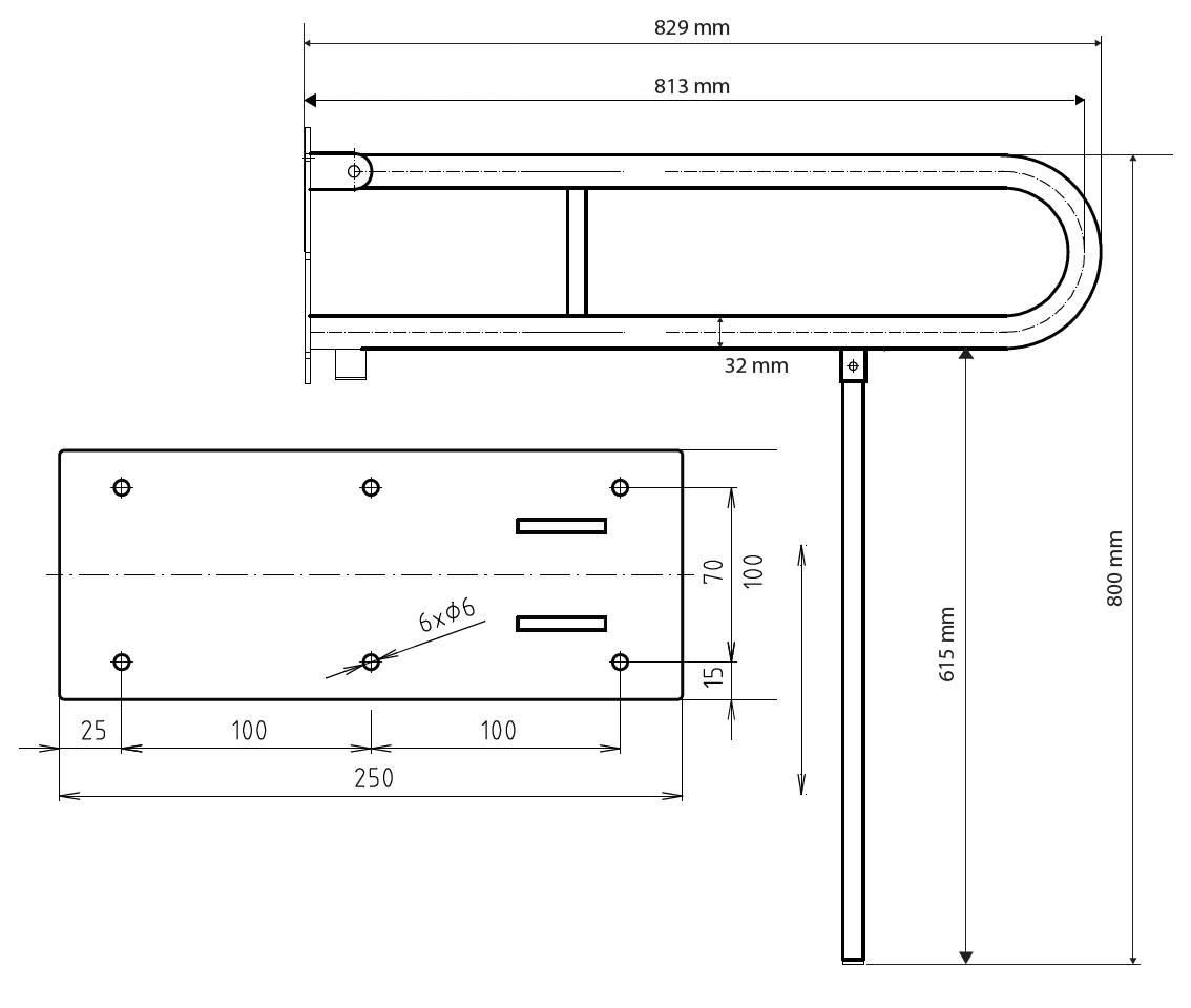Sklopné madlo ve tvaru U s opěrnou nohou - 813mm - bílý komaxit