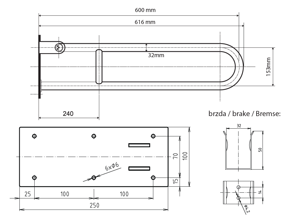Sklopné madlo ve tvaru U s opěrnou nohou - 600mm - bílý komaxit