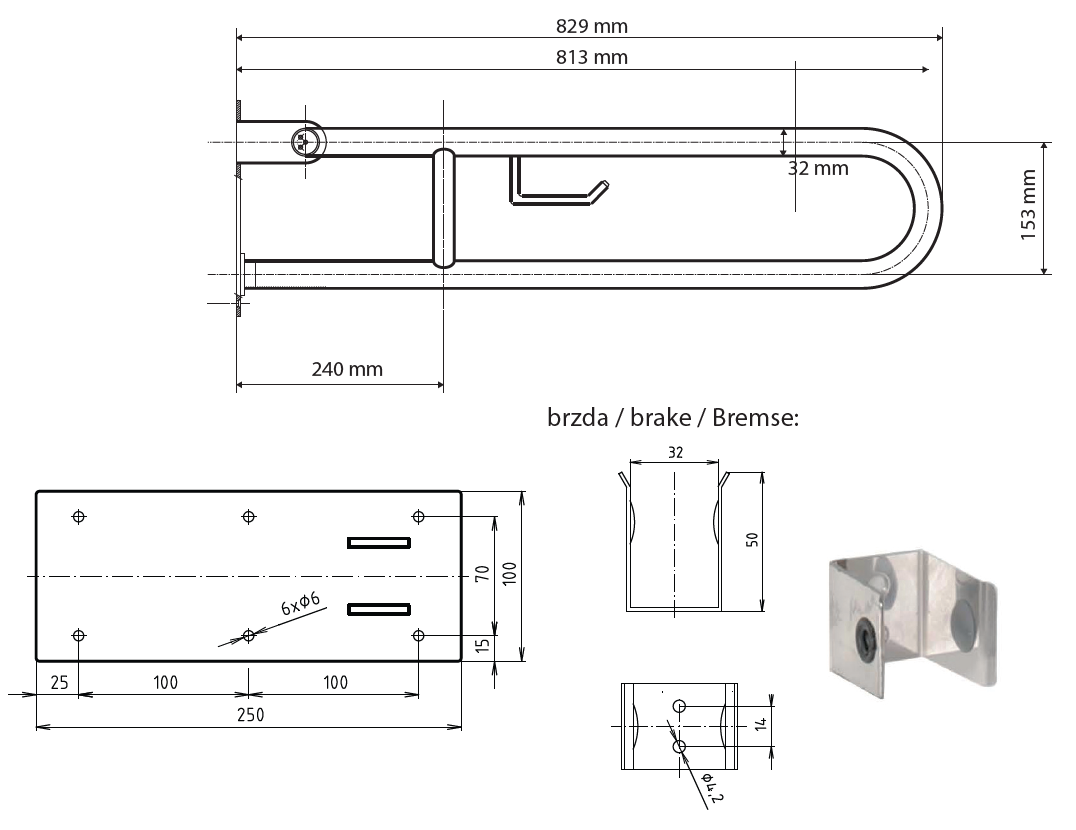 Sklopné madlo ve tvaru U s držákem na TP - 813mm - bílý komaxit