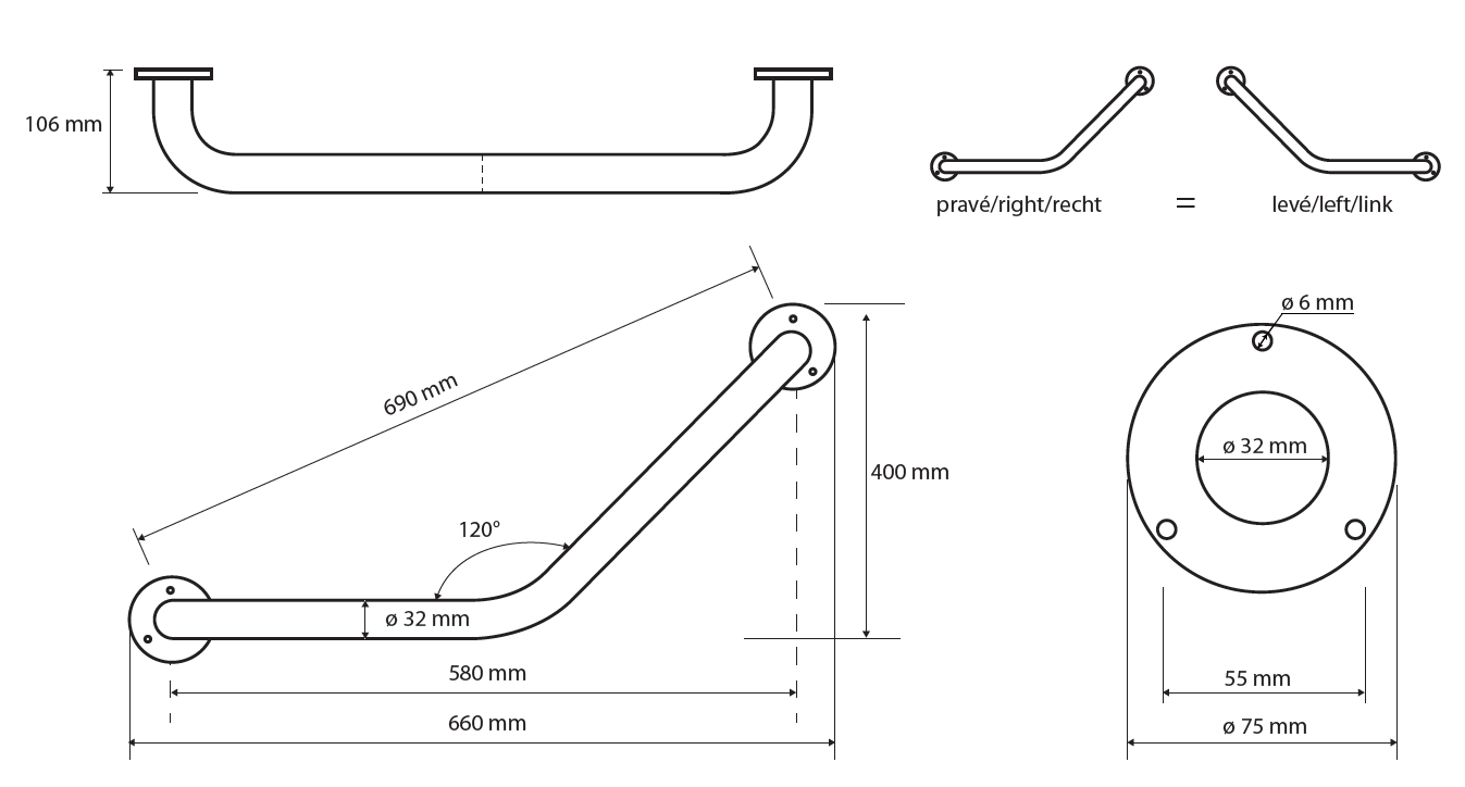 Úhlové madlo - 120° - bílý komaxit