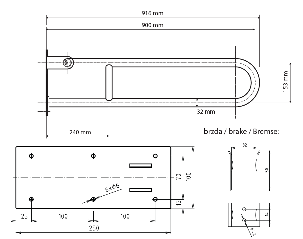 Sklopné madlo ve tvaru U - 900mm - nerez